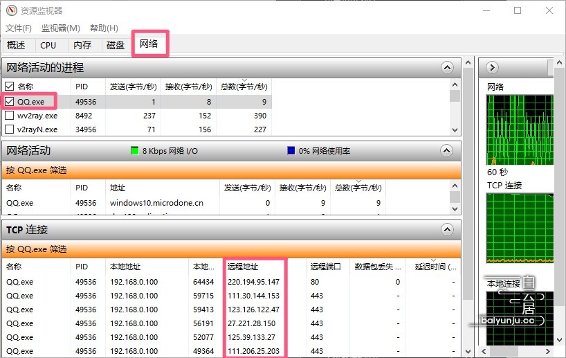 图片丨查看QQ软件TCP连接远程IP地址